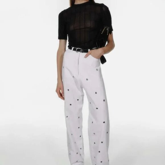 Chakshyn 'Grommet' Straight Leg Eyelet Cutout Cotton Jeans Pants - Picture 5 of 6